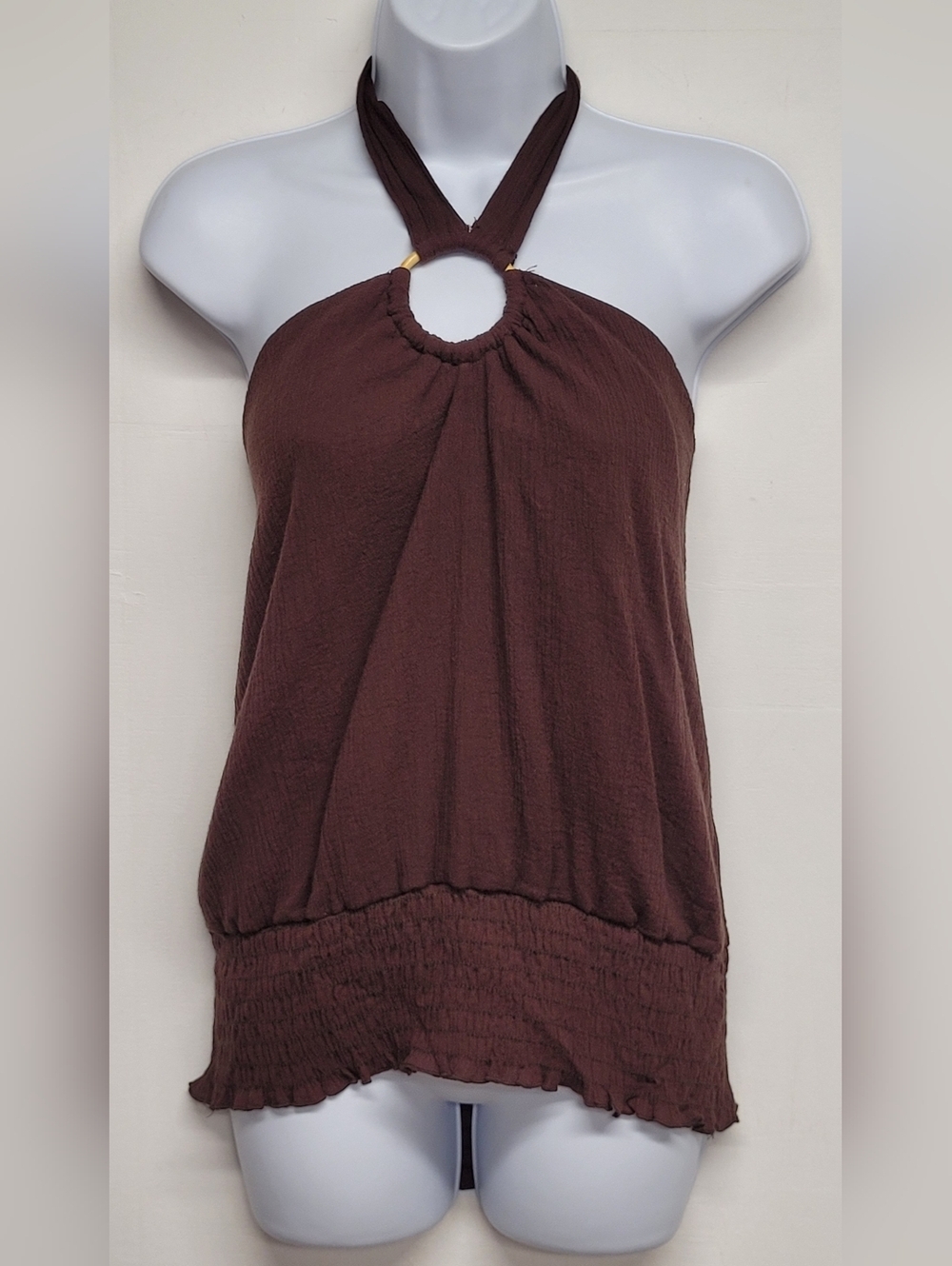 Focus XL Halther Top Brown Smocked Stretch 100% Cotton Vintage
